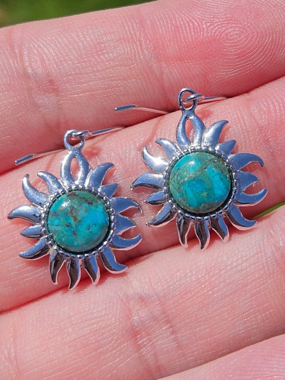 925 Sterling Silver ATI Turquoise Sun Star Hook Dangle Earrings